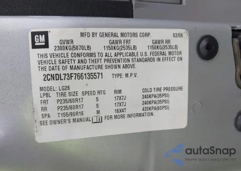 2006 Chevrolet Equinox Lt z USA, uszkodzony, nr VIN 2CNDL73F766135571